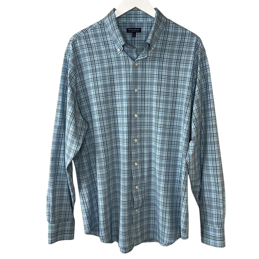 Peter Millar Crown Crafted Blue, White & Tan Plaid Button‎ Down Shirt Size XL